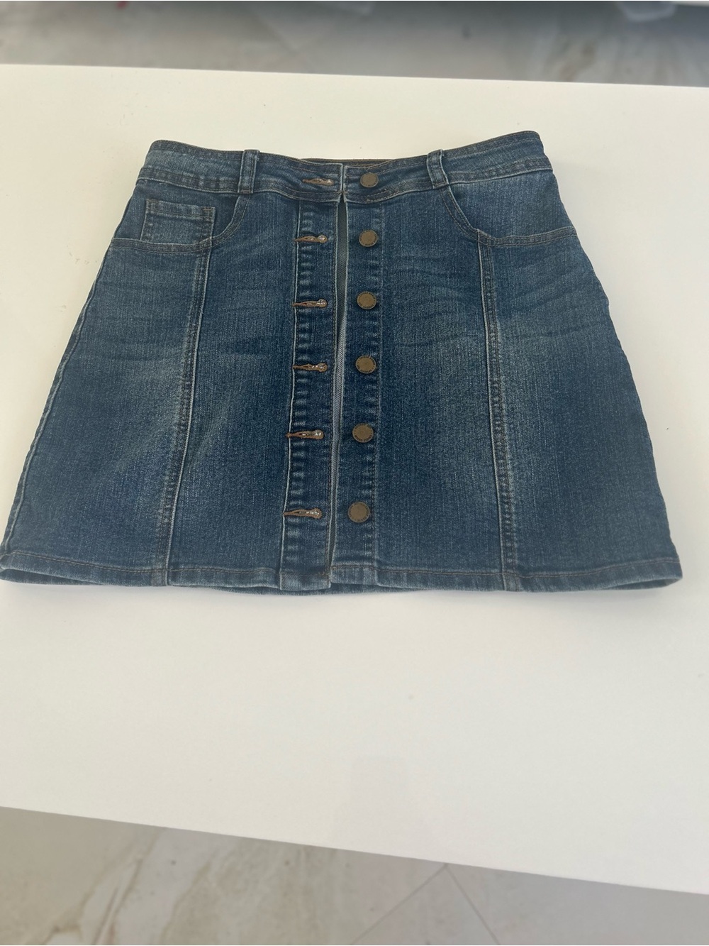 Denim Button-Front Mini Skirt - Dark Blue